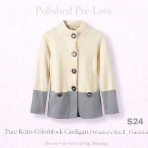 Pure Knits Colorblock Cardigan Sweater Women’s Small Cream Gray